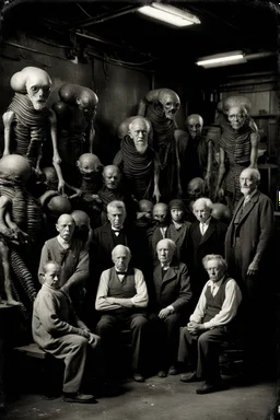 1900's black and white vintage photo, interior, working alien organ manufacturing factory warehouse, unhappy and angry,stange long grey alien human hybrid creature with a family that is sad, captured on square format film, grainy, aged, old men depressed, tired