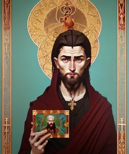 orthodox old icon with saint, patron of photographers. he is holding a camera in one hand and 35mm film in the other. Cyrillic inscriptions are the names of photographic brands. hyperdetailed, Alphonse Mucha, Zdzisław Beksiński, poster, illustration, ink, oil on canvas, 18th century atlas