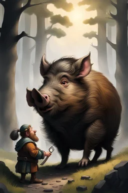 , With the wild boar snorting, our brave dwarf stumbled. On day two, he regrouped, plotting a clever scheme, With a giant cheese wedge, he lured it like a dream.