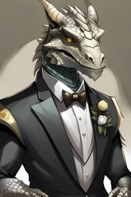 A silver Dragonborn from dnd wearing a tuxedo