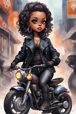 Create a watercolor image of a chibi curvy black female wearing a biker's coat and boots with black tights. Prominent make up with hazel eyes. She is sitting on a big Harley Davidson motorcycle at a bike show.