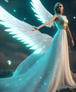 A crystalised queen, atmospheric, realistic, unreal engine, cinematic lighting, octane render, transparent long dress, blonde, full body, wings