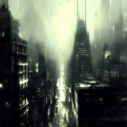 Skyline Gotham city by Jeremy mann, point perspective,intricate detail,