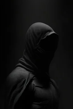 Background is dark grey, almost black. There is a head and torso silhouette looming in the picture, completely masked by a black kevlar suit.