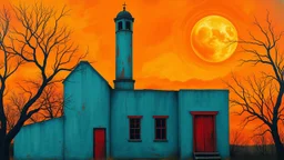 A surreal, impressionistic painting depicts a weathered, teal-colored building with a tall tower against a vibrant, fiery orange sky. A large, luminous orange orb, possibly a sun or moon, dominates the upper right portion of the sky. Bare, dark trees with intricate branches frame the building on the left and are scattered throughout the background. The building itself appears aged, with visible cracks and peeling paint. Red doors and window frames offer stark contrasts to the teal facade. In the