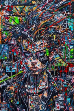 Ultra detailed medium portrait painting of chaos showing anxiety , no air, tight, torn up punk poster, broken circuitry background, matrix effects, punk visual art, punk art aesthetic, graffiti art, pop surrealism, collage art, cluttered paint glitches