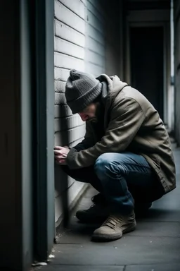 someone crouched in a corner in the cold