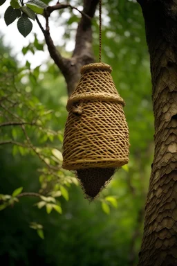 Beehive hanging from tree branch