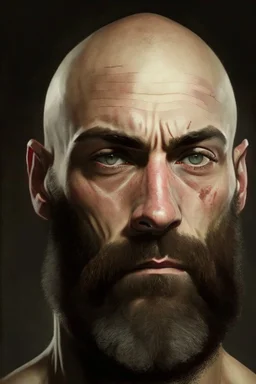 Portrait of a bald man, muscled, with quite-long brown beard, a black bandage on his right eye,