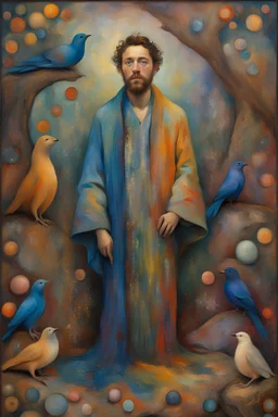 Otherworldly, Peter McKinno-John Lowry Morrison full body view of a beardy Shia LaBeouf-John Krasinsky, beautiful body hues Paul Gauguin Medieval organza Klimt glitter robe sits on the ground holding a bramches nest with two colored birds.by meticulous Hieronymus Bosch oils, in fantasy hues by Paul Gauguin heightened palette., detail faces and body parts, total body-paint Iris Van Harpen curvilinear art Nouveau tattoos, Mario bava movie still, Masterpiece, sharp focus, raw photo environment scap