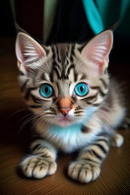 A chocolate brown marbled tabby she-cat kitten, with white paw and cyan eyes.