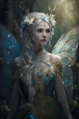 Elven princess,blonde gold hair,rapunzel hair,very long hair,elven crown, light blue, white, ice, glitter,sparkle,ice flowers,elven ears,fairy princess, ice fairy,golden armor,ice crystals