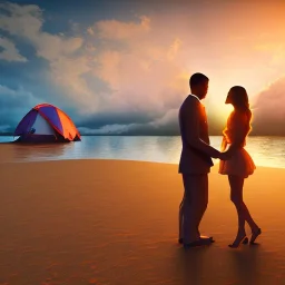 2 lovers last kiss in sand island with tent and river background sunset