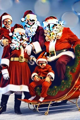 santa claus in a sleigh with mom, dad and three sons