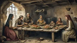 The fisherman is having dinner and a fish meal inside his poor house with his wife and three daughters in the Middle Ages, only four people