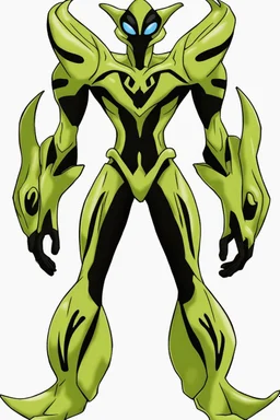 This new alien from the Ben 10 cartoon looks like an alien with an advanced and amazing appearance. He is distinguished by his slender and flexible body, which indicates his high alien capabilities. His skin appears light blue, adding to his feral character