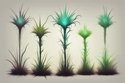 Isolated concept art of 5 alien grass on a neutral background. Strange fictional extraterrestrial flora with unusual shapes, glowing details, thorns, spines, tendrils, roots. Each plant designed with unique silhouette and fantasy colors, digital painting style, detailed textures, science fiction botanical illustration, no background, no landscape.