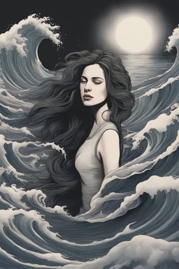 Perspectiva de una mujer de largo pelo adentrándose en un profundo mar de grandes olas.