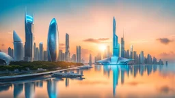 stunning panoramic view of an Amazing futuristic asian cyber city on a biomechanical tall island, azure blue sea, skyline suring Sunset , reflections, high detailed, sharp focus, best shot