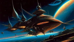 "Envision a space fighter, inspired by the surrealistic whimsy and intricate detail of Rodney Matthews' artwork. Amid the cosmos shimmering with alien hues, the warrior navigates among the starlit void, cloaked in a spacecraft as unpredictable and vivid as a dream. It is a paradox of delicate fantasy and formidable technology, its silhouette pulsing with extraordinary power yet draped with cosmic elegance. Capture this enigma, this tamer of untamed galaxies, through the prism of Matthews'