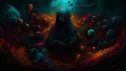 a medium quality digital art piece featuring a dark and abstract representation of an anti-family, anti-life cult suffocating in a sea of abundance, dystopian, surreal, deep colors, haunting atmosphere