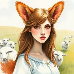 watercolor, an arrogant, confident young woman with long brown hair, red eyes, pale skin, corgi ears and tail, sheep in a field for the background, intricately detailed, realistic