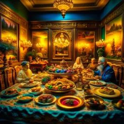 Diorama of odd people eating in a luxurious room, sharp focus, 8k, 3d, very detailed, volumetric light, fine art, very colorful, ornate, 35mm, F/2.8, insanely detailed and intricate, hypermaximalist, super detailed, decadent