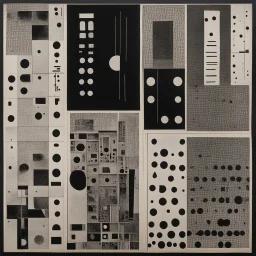 Braille art, abstract surrealism, by Ray Johnson and Colin McCahon, silkscreened mind-bending illustration; Hipgnosis album cover art, asymmetric, off-centered fragmented composition, dark shines, by Phlegm