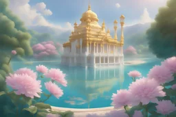 en premier plan des colonnes finement ciselées d'un temple blanc et doré, finissant par des dômes aux facettes transparentes, et plus loin un bassin doré et bleu avec une eau turquoise, sur les cotés des fleurs roses et blanches et au loin un ciel très bleu. En arrière des collines vertes et boisées Il y a beaucoup de détails il y a partout des étincelles de lumière qui volent. ambiance magique et féerique. couleurs douces et lumineuses