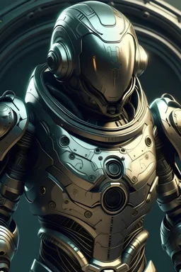 space scifi character with armor similar to a spherical spaceship