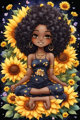 A sassy thick-lined water color art cartoon black chibi girl lounging lazily on her side, surrounded by colorful flower petals. She is in the middle of the astrological Leo symbol with Prominent makeup. Highly detailed tightly curly black afro. Background of large yellow sunflowers surrounding her . Looking up coyly, she grins widely, showing sharp lion teeth. Her poofy hair forms a mane framing her confident, regal expression.