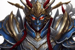silver and crimson lightning Raijin warlord, blue electric horns that sprout forwards, a silver mask that covers the lower face, golden highlights throughout the armour, electricity emitting from the armour as a lightning arch appears from the back, crimson hair appearing out of the helmet