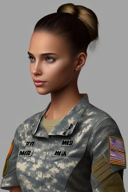 US army girl, hair bun, t-shirt, mtp camouflage