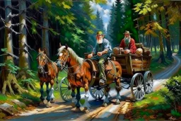 old man driving 2 wheel cart stopped by highwaymen on horseback on the forest road