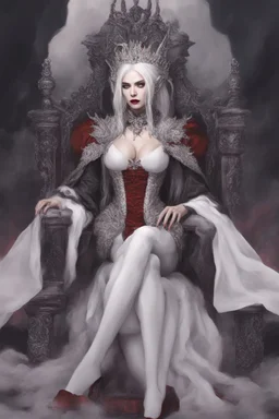 Vampire queen with white hair sitting on throne