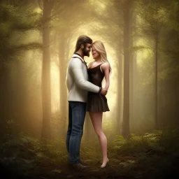 A photo realistic portrait of a stunning blonde girl and a handsome muscular dark haired man in a lovers embrace standing in a forrest