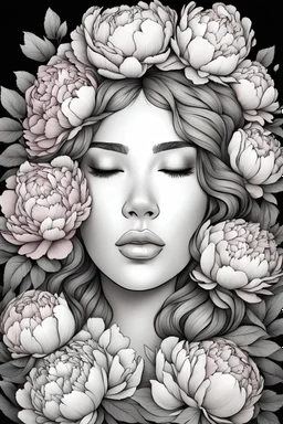 young woman, coloring page of a beautiful bouquet of peonies all around her face, her eyes are closed and dreaming peacefully, only her face shows, her face fully covered by the bouquet of peonies, use black outline with a black background, clear outline, no shadows, some colors