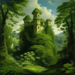 A green castle covered in leafy foliage painted by Gustav Courbet
