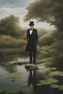 [modern] A man in tuxedo around a pond