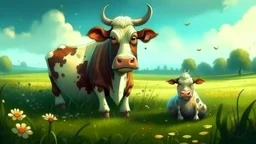 Fantasy digital illustration: older and a little bit sad cow in the meadow