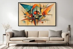 Style by Wassily Kandinsky and Wilfredo Lam and Zdzislaw Beksinski, a framed picture of a colorful bizarro maximal textured abstract horror modern surrealism hanging on white wall in muted spartan functional clean living room, masterpiece, boring beige couch, harsh juxtaposition between picture and room, smooth,