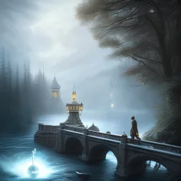 fantasy art, book cover, upper body of big mad wizard in front of the ebony stairs of a bridge or dam ,icy water, on the bridge is a wolf, there is also a hawk and everything is seen from the tree tops