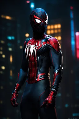 Spiderman in a cyberpunk, super suit with spikes on his arms and shoulders, hdr, (intricate details, hyperdetailed:1.16), piercing look, cinematic, intense, cinematic composition, cinematic lighting, color grading, focused, (dark background:1.1) by. Addie digi