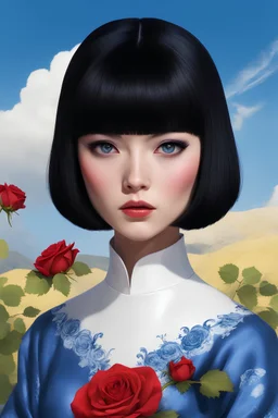 full body - Horror of the Planet of the Grapes - black hair, Deep Blue Eyes - head and shoulders portrait - Lenna, part grape, part human, short, bowl-cut, straight black hair, the bangs cut straight across the forehead, she resembles a China doll, and she resembles Spock - Mountains, blue skies, clouds, red roses, blue roses, yellow roses, honeysuckle roses, carnations, lilacs, professional quality, 32k, UHD, glossy, 1080p, Extremely high resolution Digital photograph