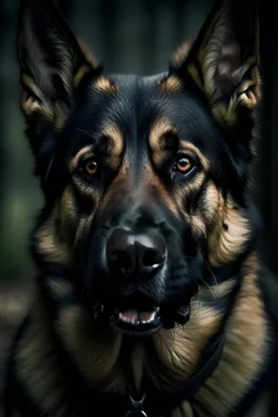 An angry zombified German Shepherd with an intense and malevolent gaze, radiating anger and vengeance. The eyes should convey a sense of crazed determination, as if seeking retribution. Capture the essence of a fierce and unsettling presence, hinting at a potential threat without explicit signs of rabidity."