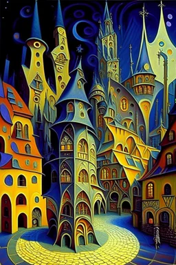 Old medieval town square, "Fractal flame" , By Jacek Yerka, Wassily Kandinsky, Picasso