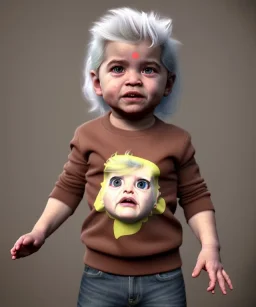 Pedro almodovar toddler, full body, white hair, dramatic lighting, hyper realistic