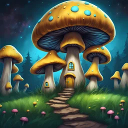 vibrant cyan and yellow mushroom house on dirt pillar grassy top outer space. stars, grass, mushroom house, dirt pillar. Detailed gloss Painting, rich color, fantastical, intricate detail, splash screen, hyperdetailed, insane depth, concept art, 8k resolution, trending on artstation