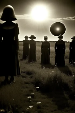 a 1900's photograph of aliens in a field watching a total eclipse of the sun