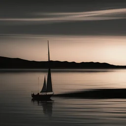 A serene sunset over a calm ocean, with a silhouette of a sailboat on the horizon stylised